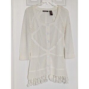 Women's (Medium) Open Knit/Crochet Fringe Button-Front Long Cardigan w/Tassels